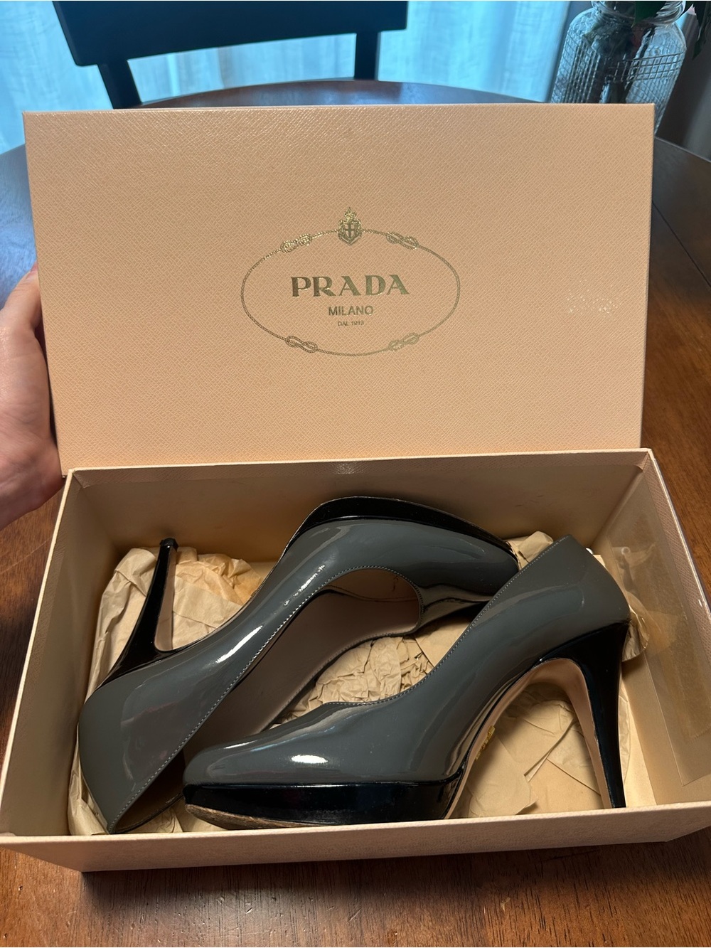 Prada Gray Patent Leather Stiletto Pumps